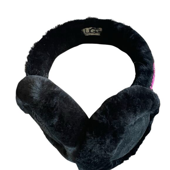 UGG Women OS Black Pink Shearling Sheepskin Embroidered Earmuffs Logo NWT + Box main image 9